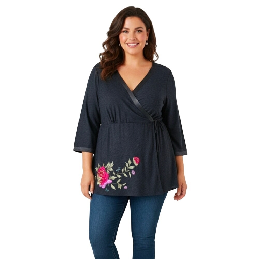 SILKLAND Womens Top 100%Silk Size‎ 2X Black Embrodered Black Western Bohemian